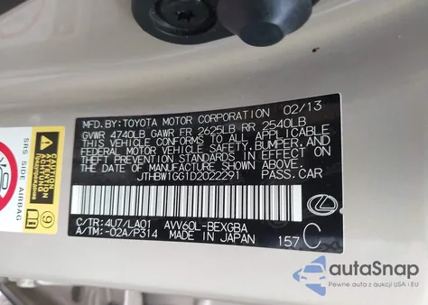 2013 Lexus Es 300H z USA, uszkodzony, nr VIN JTHBW1GG1D2022291